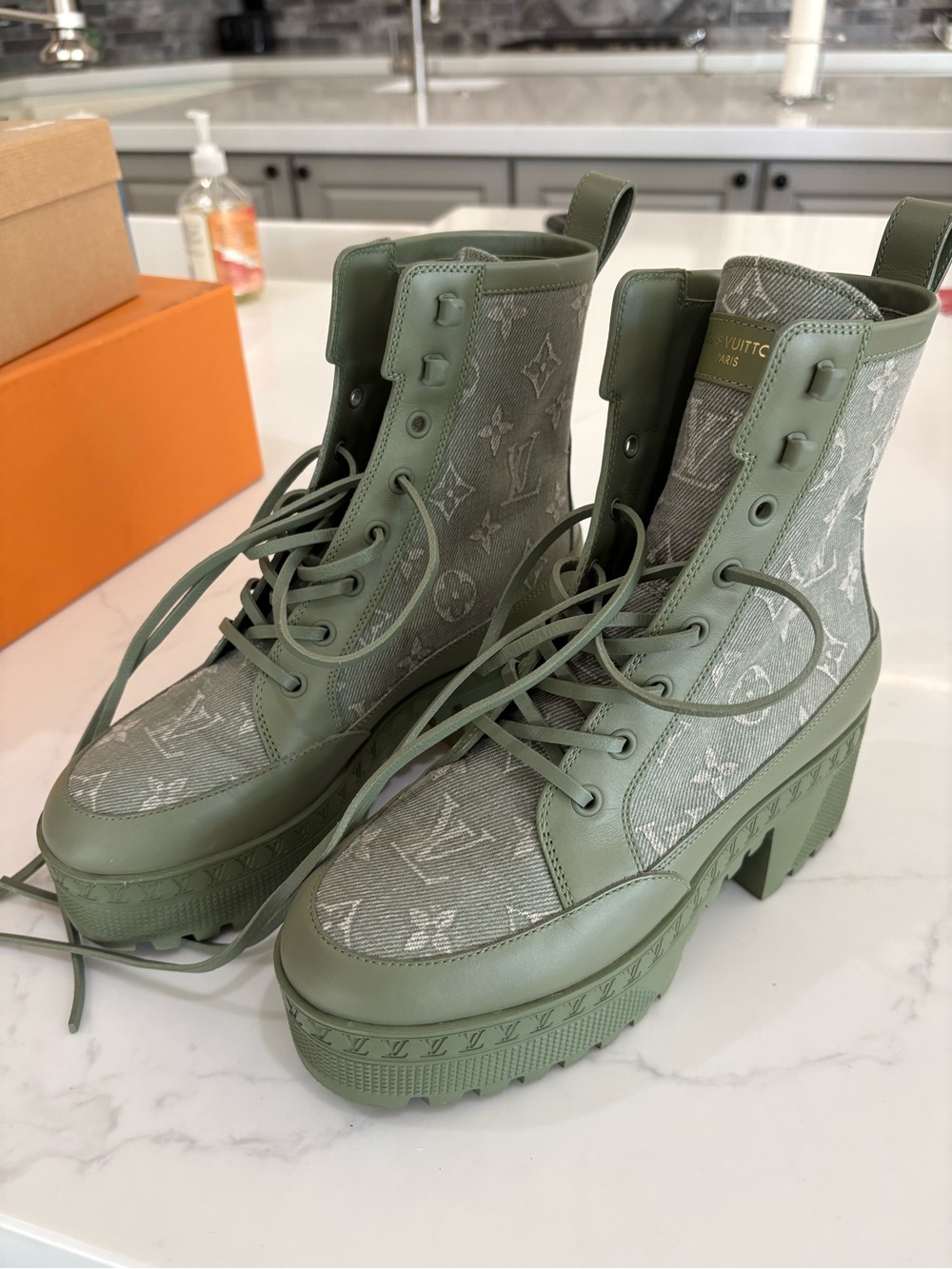 Louis Vuitton Monogram Olive Green Platform Lace-Up Boots